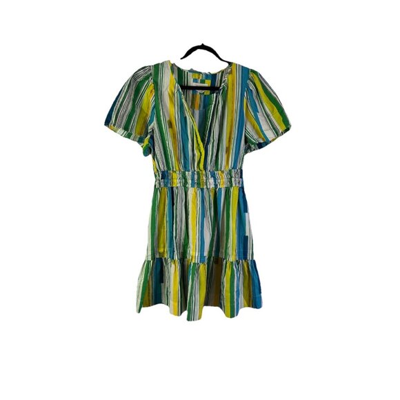Anthropologie Rainbow Stripe Tiered Puff Sleeve Mini Dress - Picture 1 of 8